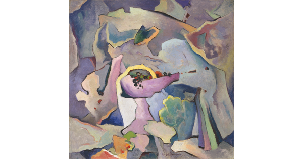 An abstract painting of a bowl of grapes surrounded by purple, blue, green, and yellow shapes.