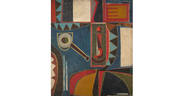 An oil painting of blue, red, green, black, cream, and yellow geometric shapes with an upside down red question mark in the center.