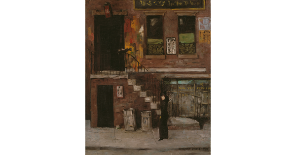 An oil painting of a White woman wearing black standing on a sidewalk in front of a city building.