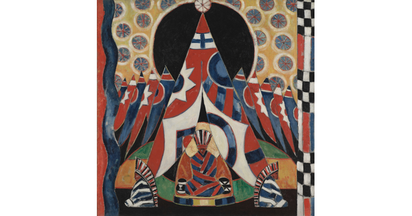 An abstract oil painting of a row tipis in red, blue, and white on a patterned background with three Indigenous people seated in front of the center tipi.
