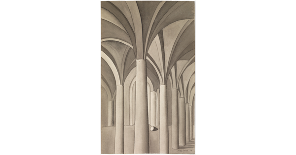 A grayscale watercolor of the interior of a columned building with vaulted ceilings and a small egg resting on either a floor or a wall between two columns.