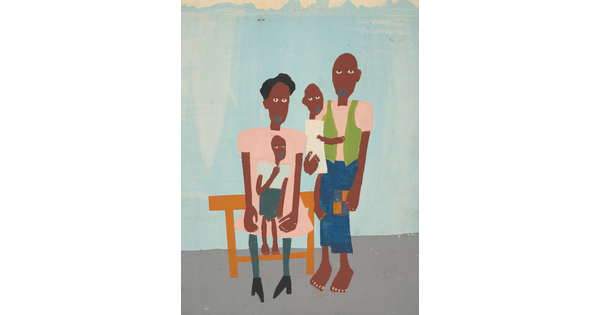 A color print of a Black family, two adults and two children, rendered in bold, geometric shapes and bright colors.