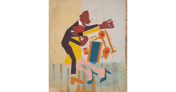 A color print of two stylized brown-skinned people dancing in colorful clothes.