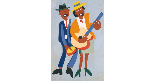 A stylized color print of a Black man playing a tambourine and Black woman playing a guitar.