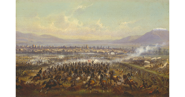 An oil painting of a large group of soldiers charging in to battle in a field.