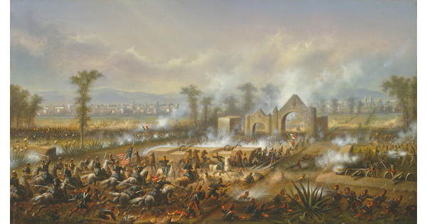 An oil painting of cavalry soldiers riding toward a stone gate to a battle.