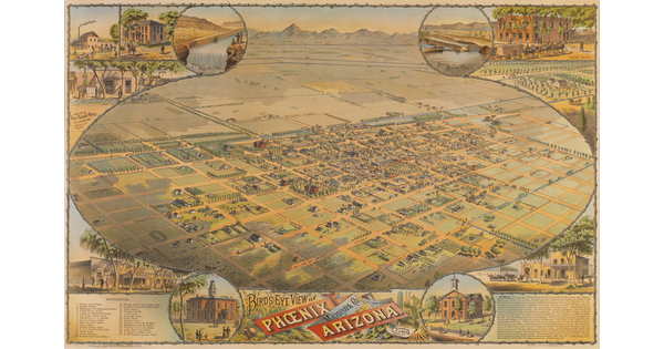 A color print of an aerial view of a city within an oval showing a grid of streets with buildings and other landmarks around the outer edges of the oval.