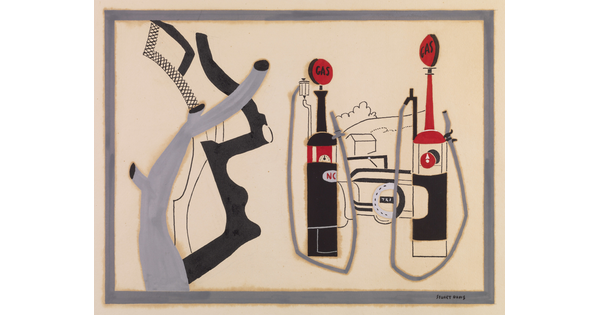 An abstract watercolor of old-style gas pumps and other organic shapes in black, gray, and red.