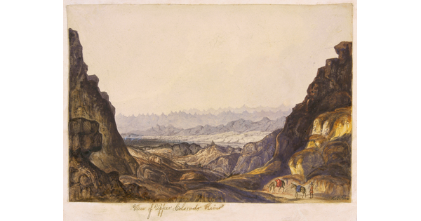 A watercolor landscape of the Rocky Mountains and a river through a canyon with a couple people and mules in the foreground.