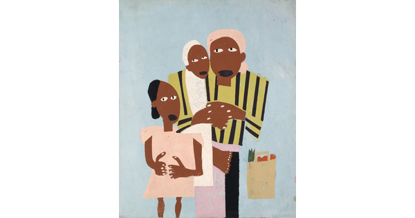 A color print of three Black figures with hands clasped together, and a paper grocery bag near them, all rendered in bold, geometric shapes and bright colors.