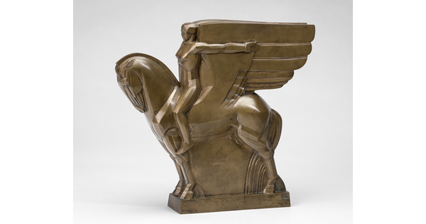 A bronze sculpture of a stylized winged horse and rider.