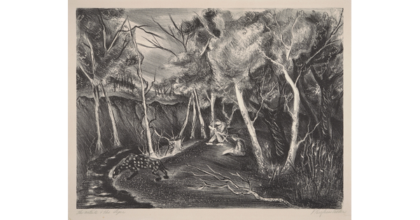 A black-and-white print of two artists in a wooded setting sketching a large black animal with white spots as it drinks from a creek.