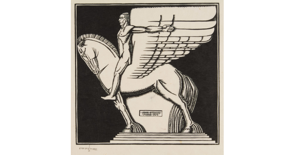 A black-and-white print of a stylized winged horse and rider viewed from the side.