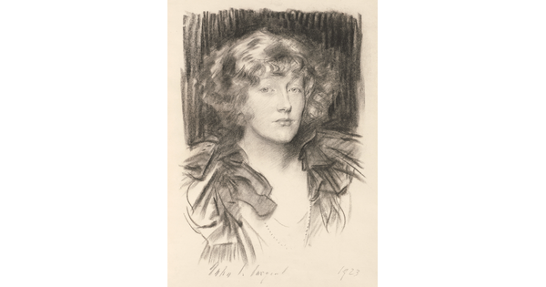 A charcoal portrait of a White woman with chin-length curly hair wearing a ruffled blouse.