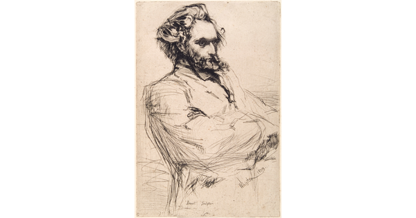 A black-and-white print of a sketch of a White man from the waist up with a full beard and mustache crossing his arms in front of him.