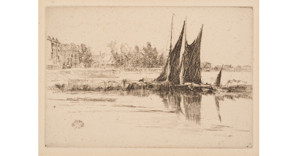 A sepia-toned print of sailboats along a grassy shore and buildings in the background.