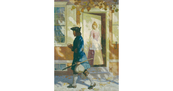 A vertical painting of a man wearing colonial clothing and a tricorn hat walking on the street past a woman standing in a doorway.