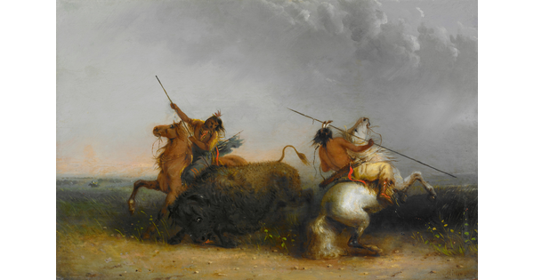 An oil painting of two Native Americans on horseback hunting a bison with their spears.