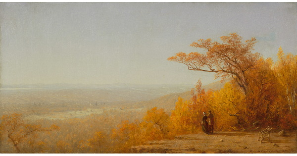 An oil painting of an autumn landscape with a man and a woman looking out over a valley.
