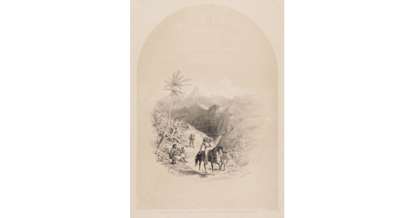 A black-and-white print of a mountain scene with tropical foliage and figures on a road, including men, women, children, and horses.