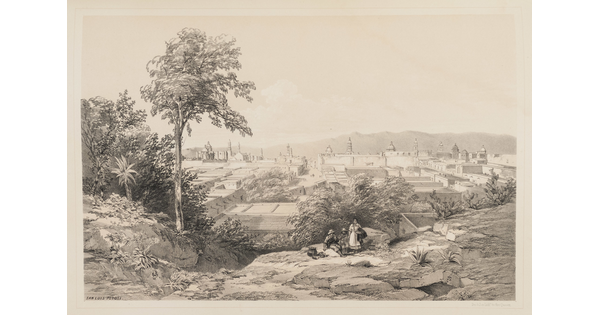 A black-and-white print of people standing in a rocky landscape with trees and a city in the background.