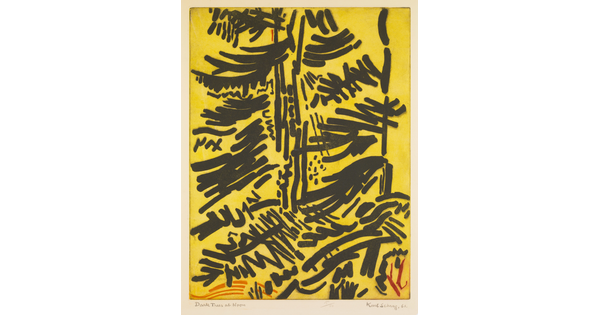 An abstract color print of bold black marks and squiggles resembling tree branches covering a yellow background.