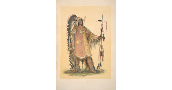 A color print of an Indigenous man dressed in a tunic, full-length headdress, and holding a feathered spear.