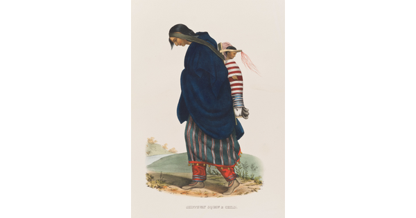 A color print of an Indigenous woman with long hair, a blue blanket or shawl wrapped over a red and gray dress, a child on a cradleboard slung on her back.