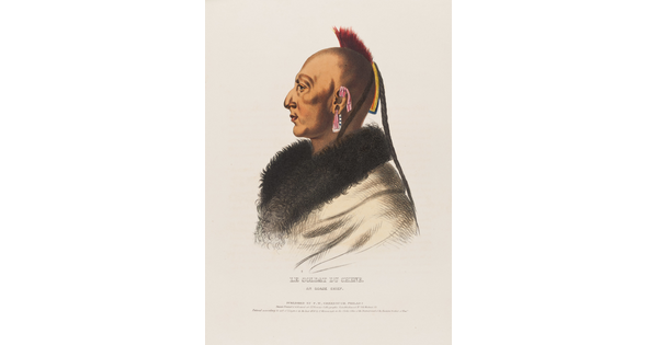 A color print of an Indigenous man in profile with a strip of bright red hair, dark braids, earring, and fur shawl.