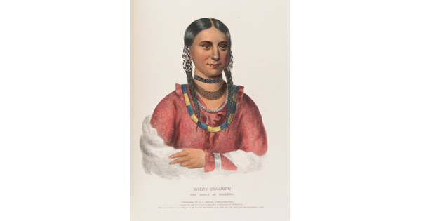 A color print of an Indigenous woman with braids, beaded necklaces, earrings, and a red tunic.