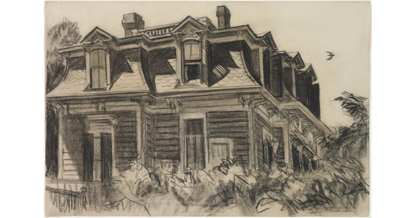 A charcoal drawing of a house with a Mansard roof and dormer windows surrounded by foliage.