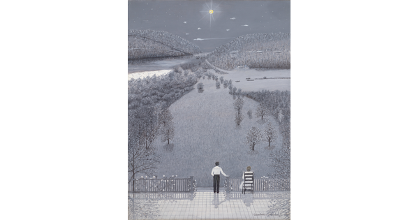 A whimsical oil painting in mostly grays, blacks, and whites of a man and a woman on a patio gazing out on a moonlit snow scene.