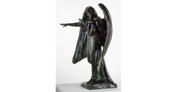 A bronze sculpture of a hooded female figure with wings holding her arms outstretched in front of her.