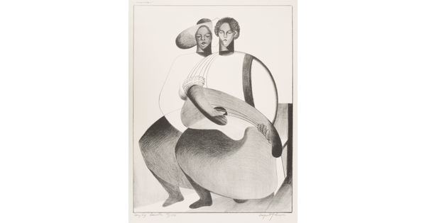 An abstract black-and-white print of two Black people, one playing guitar, both singing.