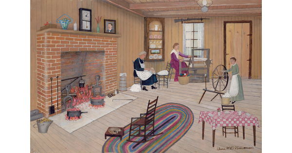 A painting of three women by a fireplace in a cozy family room: one sewing, one working a loom, and the other at a spinning wheel.