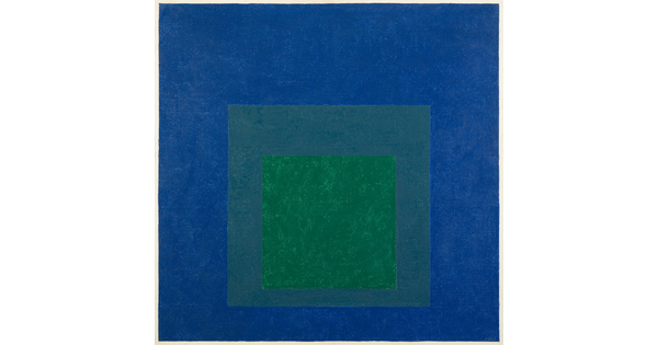 An abstract oil painting of three squares nested from largest to smallest in blue, gray, and green.