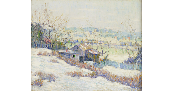 An oil painting of a wood cabin nestled in a snowy landscape.
