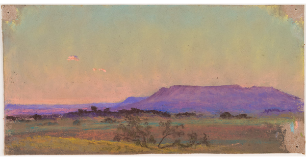 A colorful pastel drawing of a large field, with a purple mesa in the distance during sunrise or sunset.