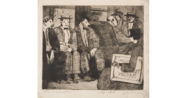 A black-and-white print of people, mostly men, seated in a crowded train car.