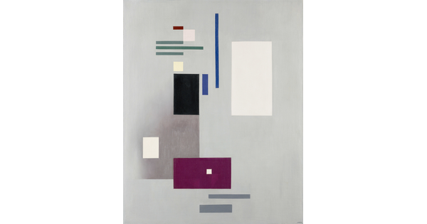An abstract oil painting of black, blue, gray, purple, and white rectangles and squares of various sizes on a gray background.