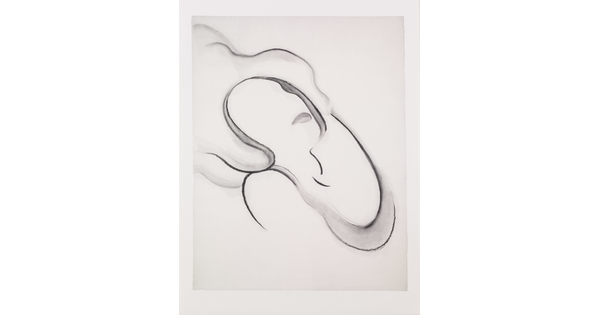 An abstract black-and-white print of a woman's head and shoulders made with simple, curving lines and shapes.