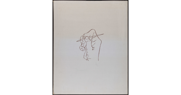 A black-and-white print of a line drawing of a right hand gripping a fountain pen as if about to write.