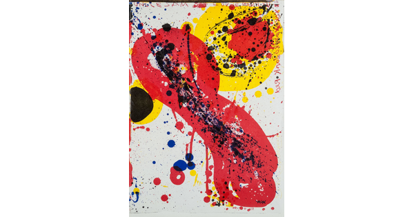 An abstract color print with splatters and splotches of red, yellow, blue, and black.