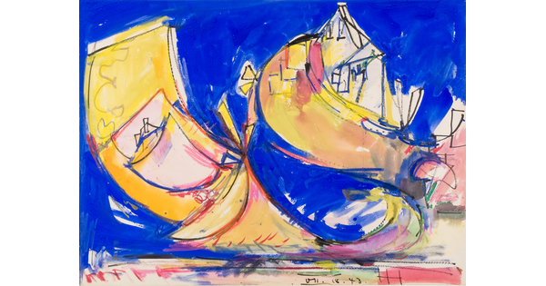 An abstract watercolor of an ocean, beach, and houses in bright blue and yellow.