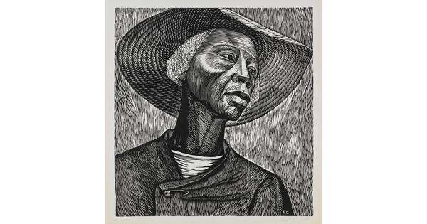 A black-and-white stylized portrait of a Black woman wearing a sunhat and a garment fastened with a safety pin at the neck.