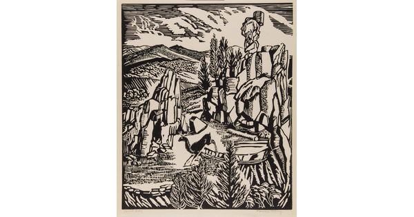 A black-and-white print of a Colorado landscape that includes rock formations, trees, and a running deer.