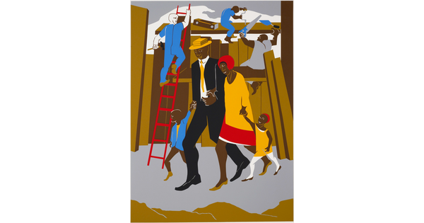 A brightly-colored print of a nicely dressed Black family walking past men doing construction on a city street.