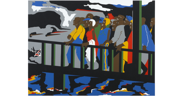 An abstract color print of a group of Black people crossing a bridge and being confronted by a snarling dog.