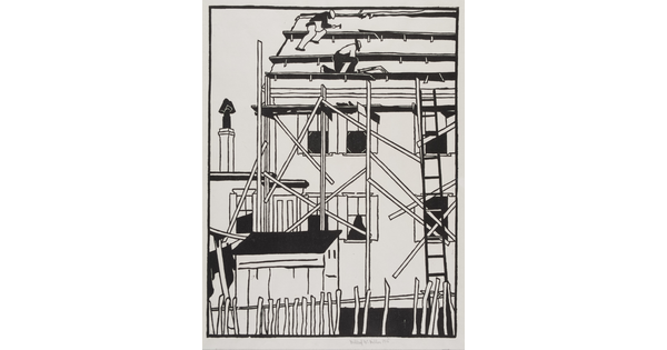 An abstract black-and-white print of workers on scaffolding working on the roof of a two-story building.