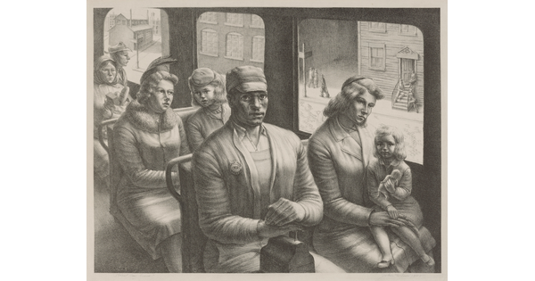 A black-and-white print of a Black man sitting in a street car next to a White woman and child with other White passengers in the background.